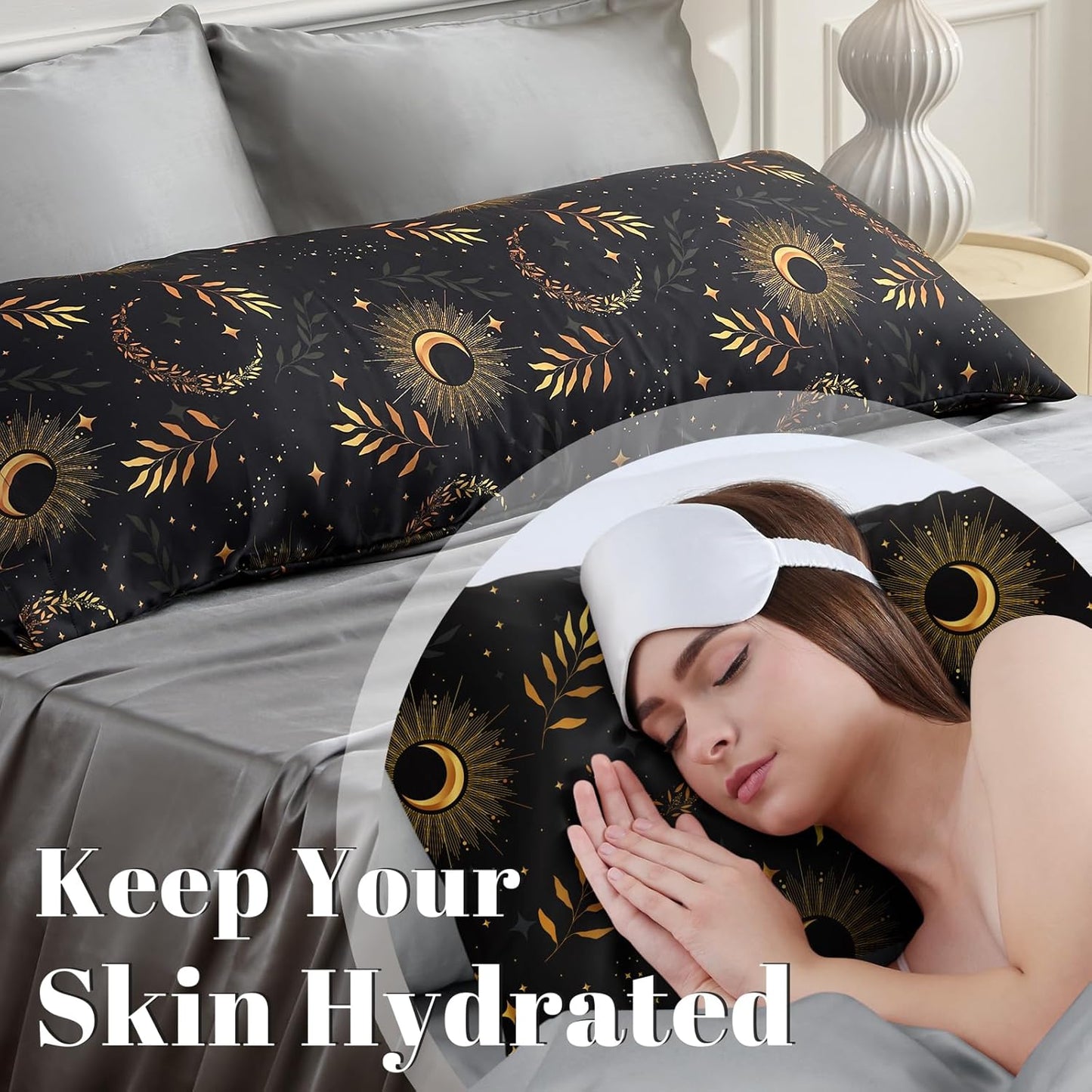 EXQ Home Satin Pillowcase for Hair and Skin Body- Multicolor Printed Black Moon Silk Pillowcase 20x54 inches - Body Pillow Cases with Envelope Closure, Gifts for Women