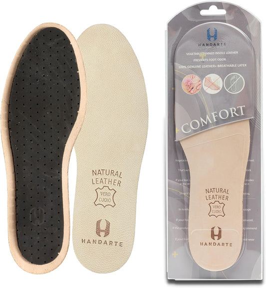 HANDARTE Leather Sockless Shoe Insoles | Thin Dress Shoe Inserts for Men | 100% Natural Goatskin - ChromeFree, Anti Sweat & Anti-Odor (US M11 | EU45)