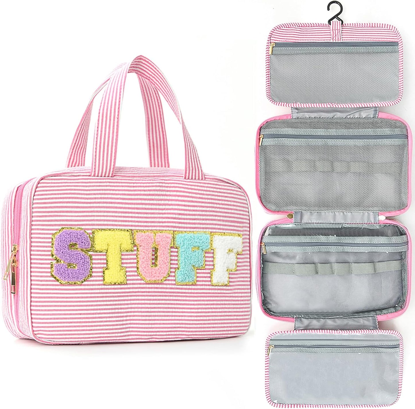 Travel Toiletry Bag for Women Chenille Letter Cosmetic Bag Fashion Stripes Water-resistant Makeup Bag with Hanging Hook for Store Toiletries Cosmetic Accessories Large Capacity Pink
