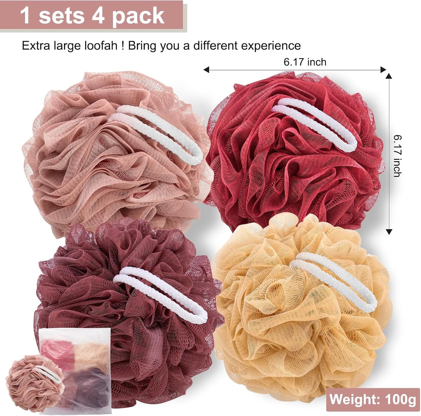 Loofah Sponge XXL-100g 4 Pack, Bath Sponge Soft Mesh Shower Puff Loofah for Men, Exfoliating Body Scrubber for Women, Shower Accessories (Cherry Red)