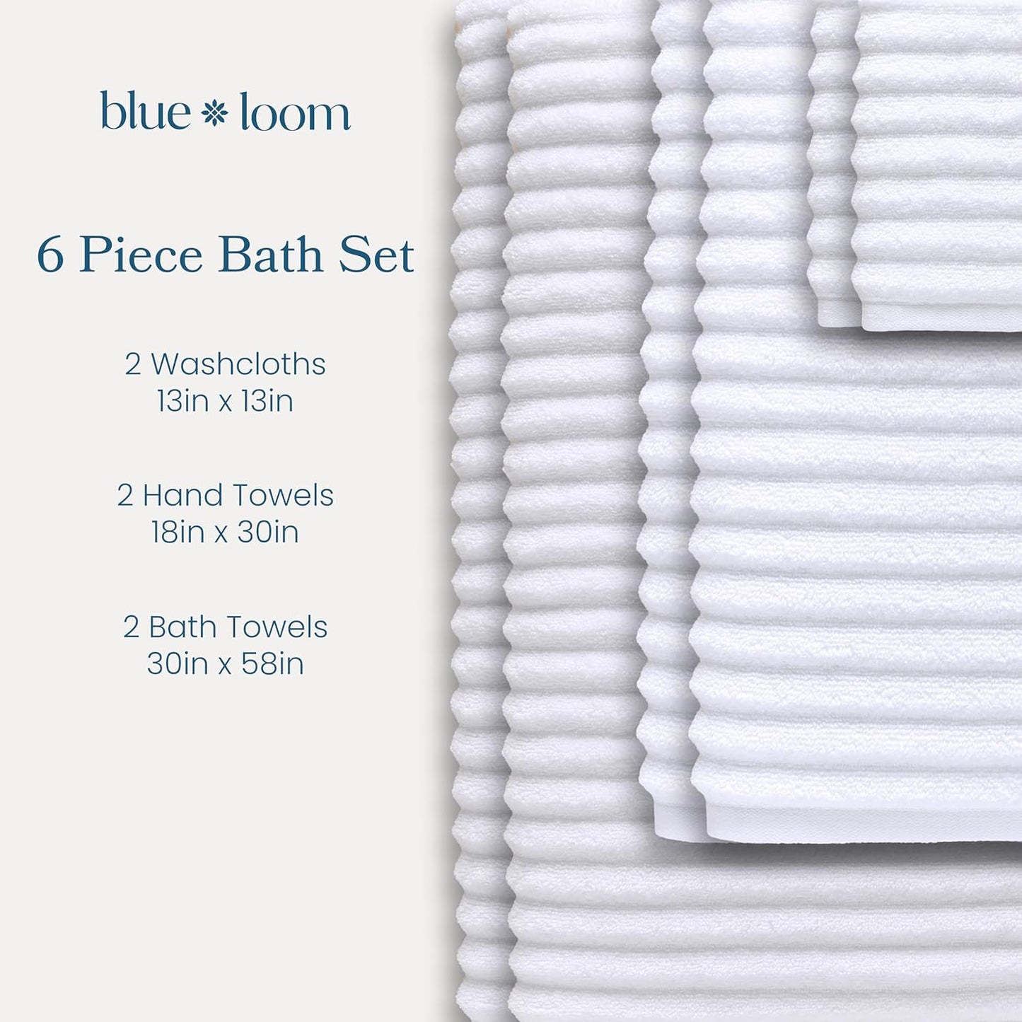 Blue Loom Ribbed Bath Towels Set, 100% Cotton 600GSM, Soft Absorbent Durable 2 Bath Towels, 2 Hand Towels, 2 Wash Cloths for Bathroom - Mason (58" x 30" inch Towels) (White, 6 Piece)