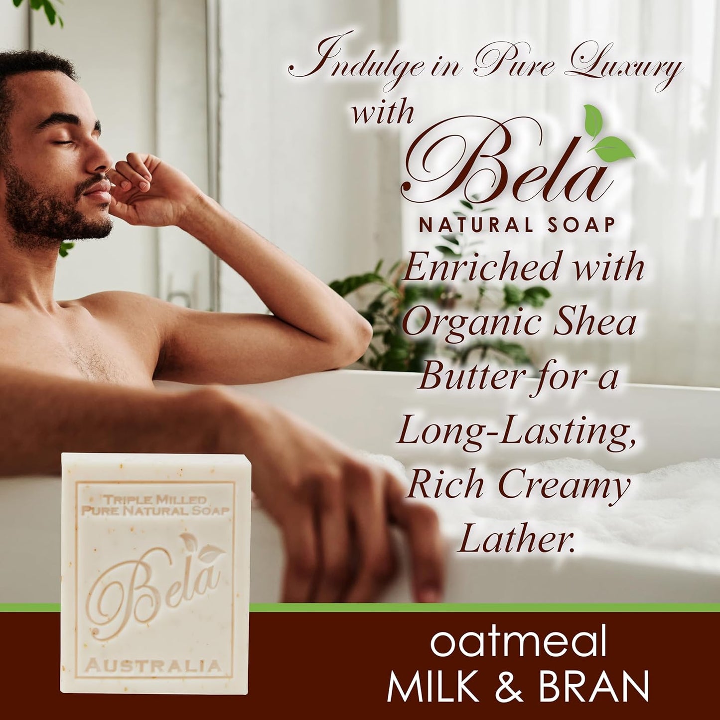 BELA Oatmeal Soap with Milk and Bran 3.3 OZ, Pack of 6, Long Lasting French Triple Milled Bar Soap with Organic Shea Butter, Hand, Face and Body Wash Bars, Made in Australia