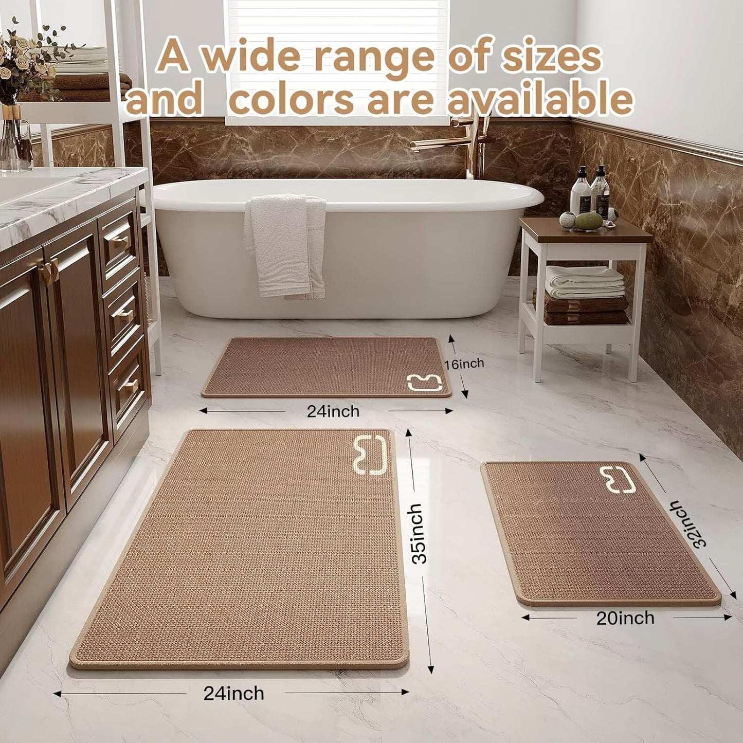 Non Slip Bath Mat Bathroom Rugs, Rubber Backing Braided Ultra Thin Bath Mats, Super Absorbent Quick Dry Bath Rug Shower Mat, Bathroom Floor Mat Fit Under Door, Machine Washable, Brown 24" x 35"