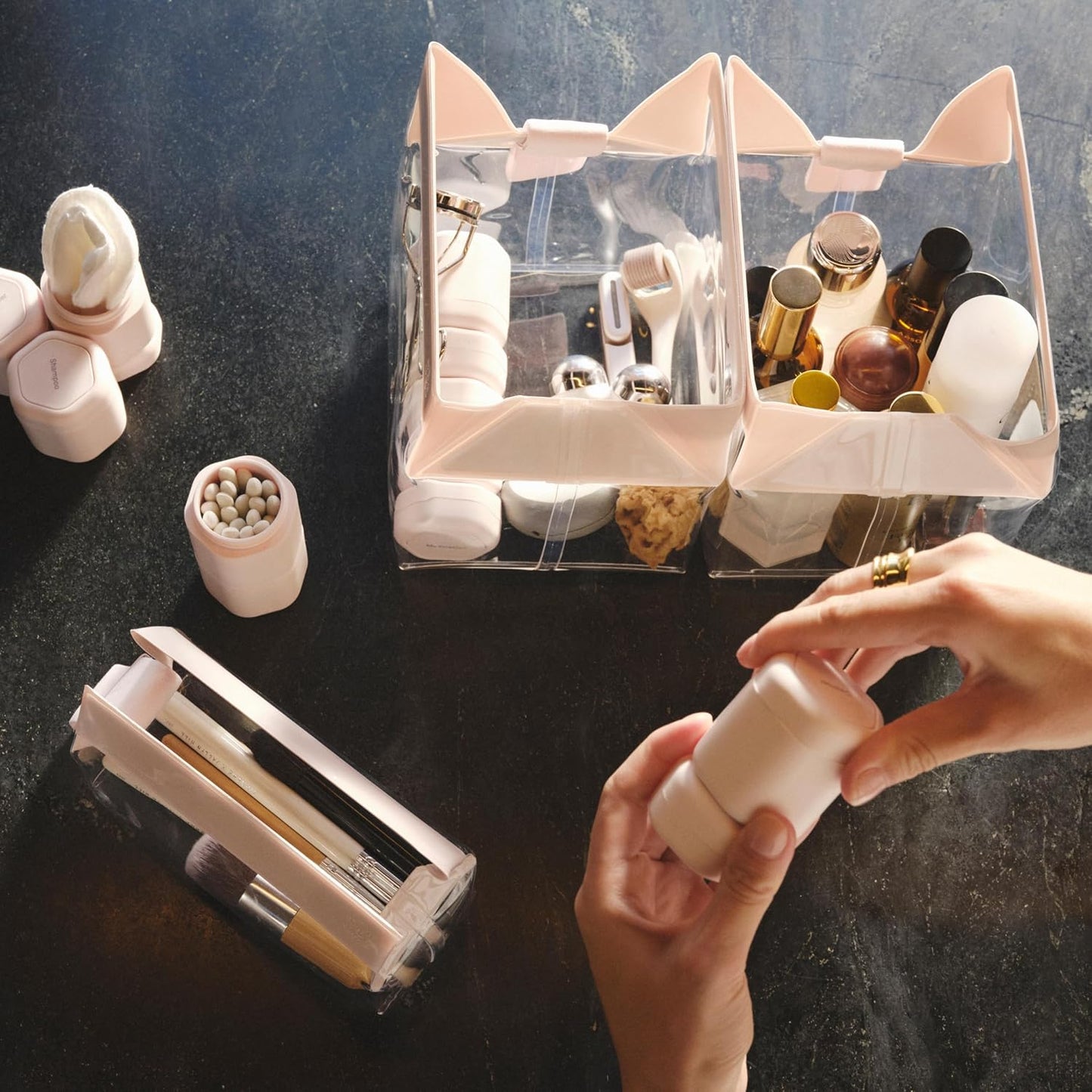 Cadence Travel Containers - Full Skincare Set - Magnetic Containers with Lids,Carry On Travel Essentials For Women/Men - 2 Small (0.56oz), 4 Medium Capsules (1.32oz), & Extender (1.43oz) - Sand