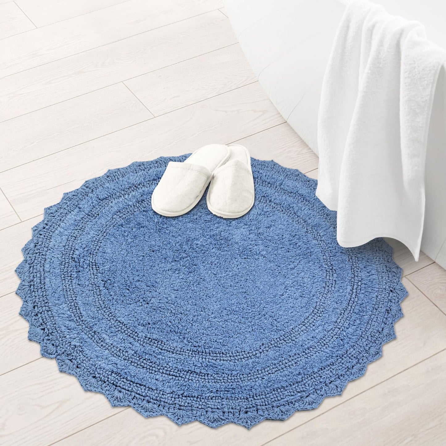 RAJRANG Circle Bath Mat for Bathroom Kitchen and Spa with Crochet Pattern Cotton Absorbent Soft Reversible Boho Bath Rug Parisian Blue Round 24 Inches
