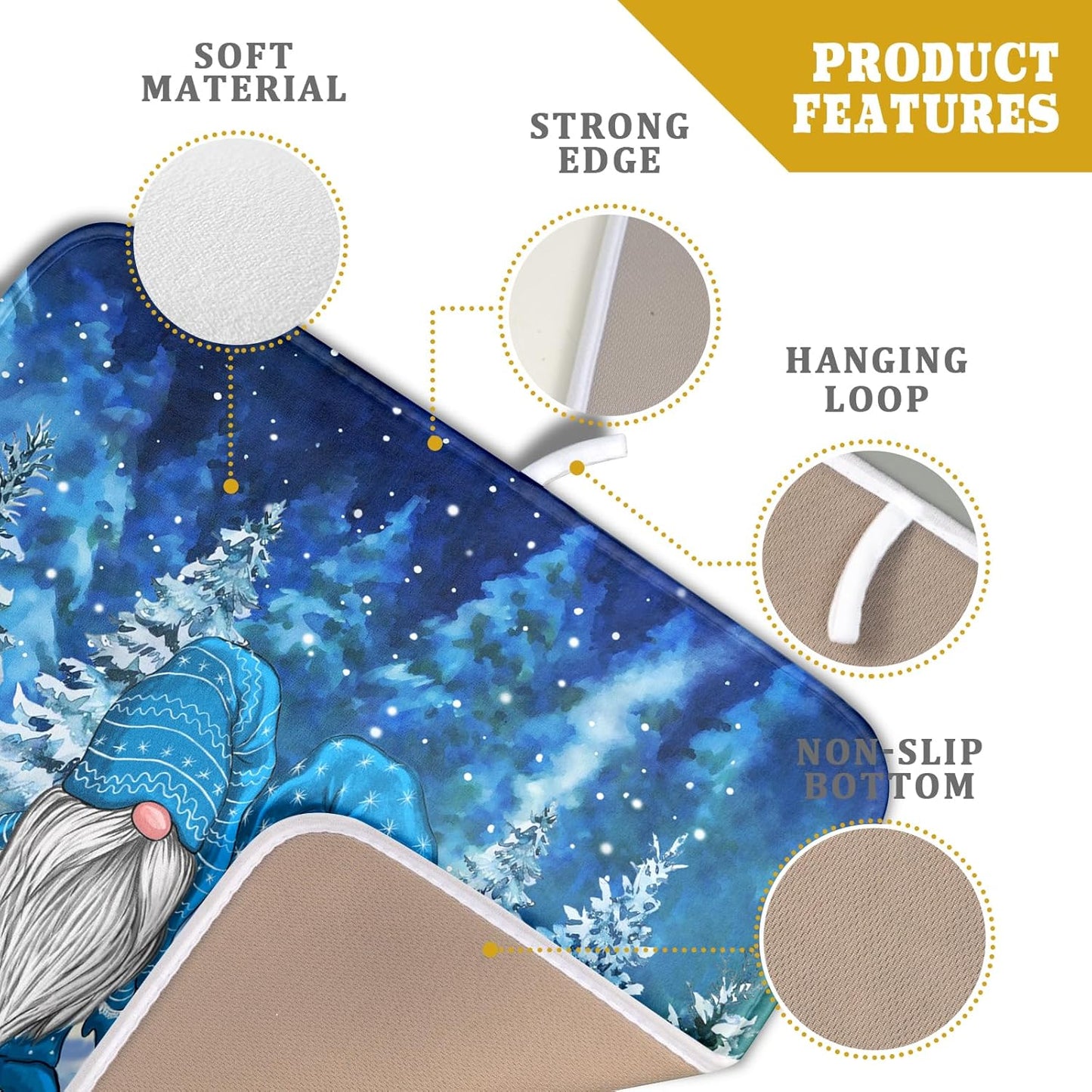 Winter Blue Gnome Dish Drying Mat for Kitchen Counter Pine Tree Microfiber Dish Pad Absorbent Reversible Fast Dry Draining Mats 16x18 Inch