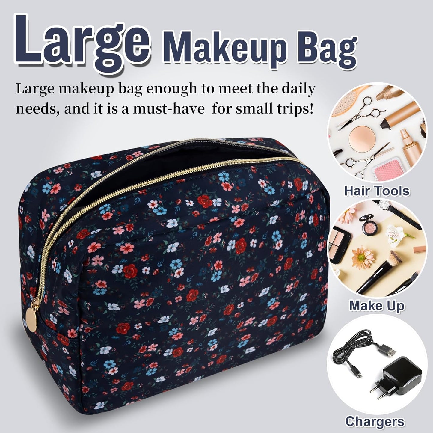 Nylon Large Floral Makeup Organizer Bag, Preppy Big Cute Flower Cosmetic Zipper Pouch Multi-compartment with Dividers, Waterproof Toiletry Makeup Brushes Travel Essentials for Women(Navy Blue-Flower)