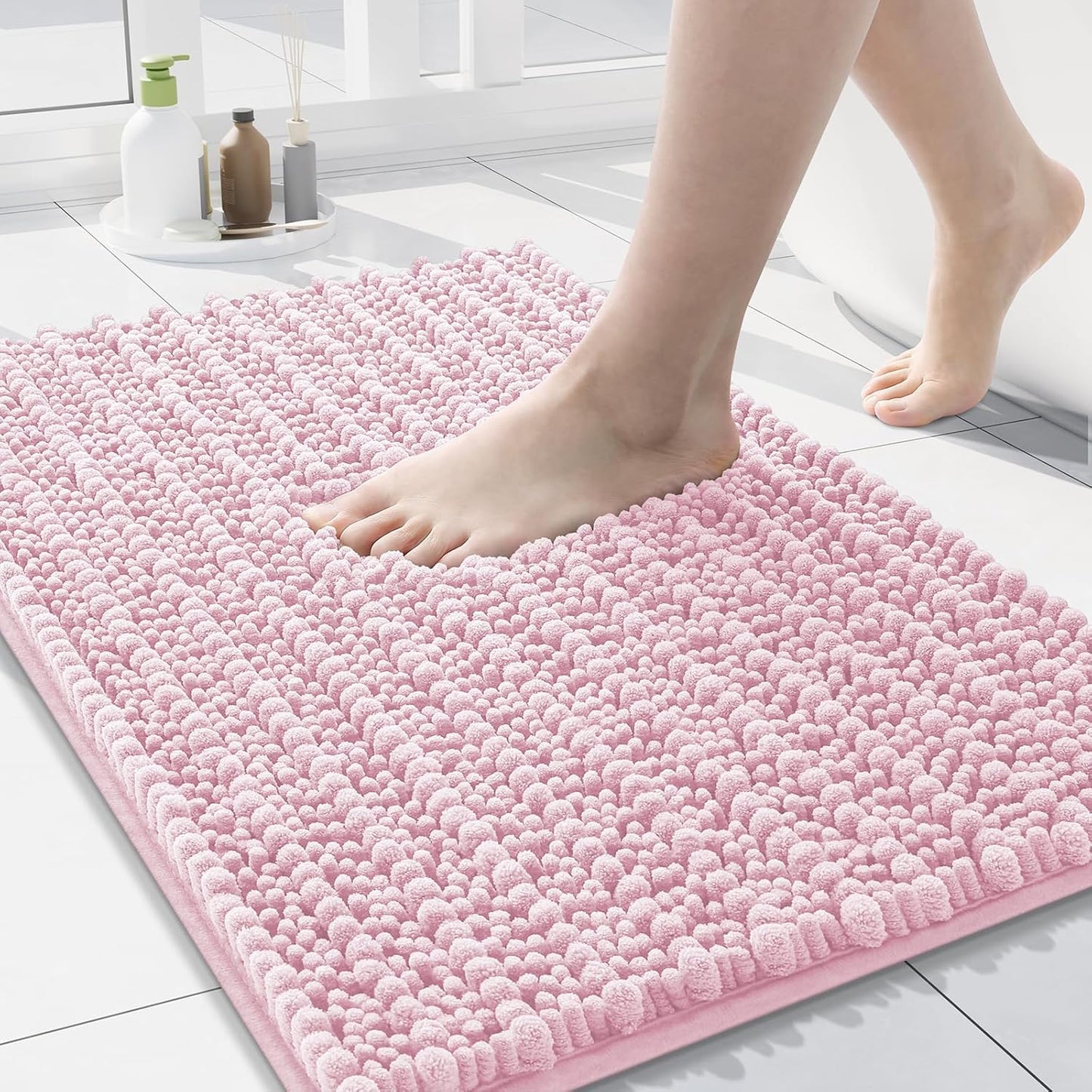 Arotive Luxury Chenille Bathroom Rug Mat, Extra Soft Thick Absorbent Shaggy Bath Rugs, Non-Slip Machine Wash Dry, Plush Bath Mats for Bathroom, Shower and Tub, 24x16, Pink