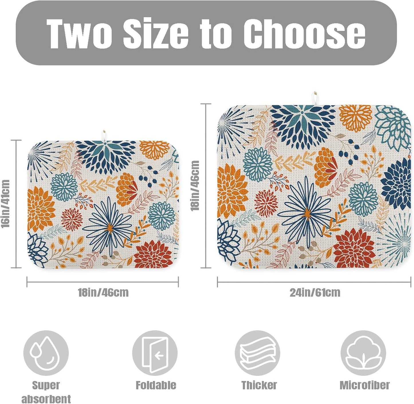 Dish Drying Mat for Kitchen Counter Large 18" x 24" Modern Flower Absorbent Microfiber Dishes Drainer Rack Mats Pad Reusable Washable