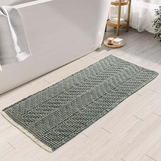 Bath Rugs Boho Bath Mat,Upgraded Waffle Bath mat,Super Absorbent Non Slip Bath Rugs,Machine Washable Rugs for Shower Room, Rubber Backing Bath Mats, Ultra Soft,Bluish Grey & Yellow,19"*48"