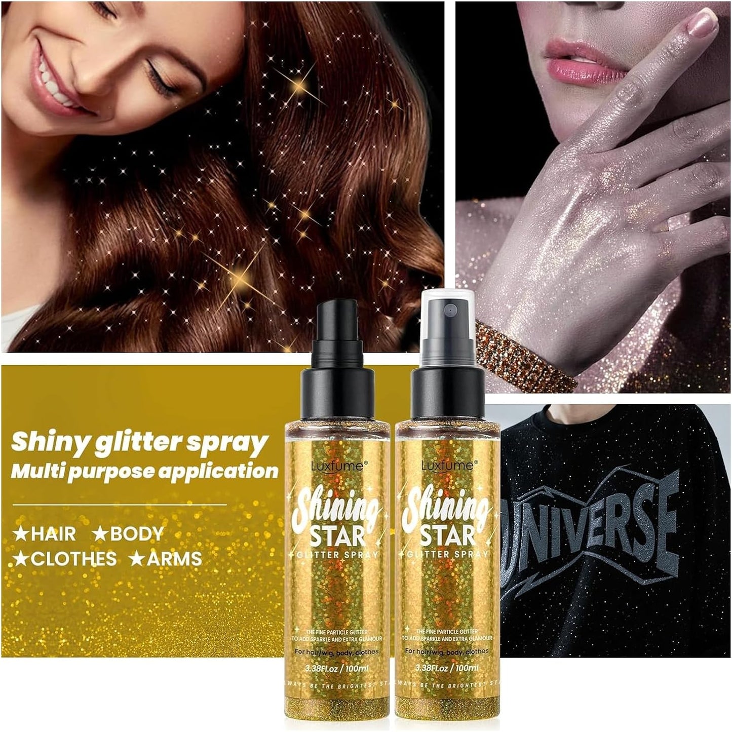 Gold Body Glitter Spray & Glitter Hairspray - Long-Lasting, Ultra-Shiny, Quick-Dry, Waterproof, Non-Clog Nozzle for Parties, Dances, Festivals, and Special Events