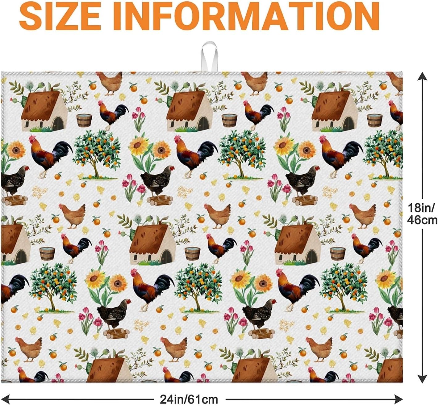 Dish Drying Mat For Kitchen Counter, Farmhouse Rooster Microfiber Absorbent Dish Drainer Rack Pad Reusable Large 18x24in Drying Mat