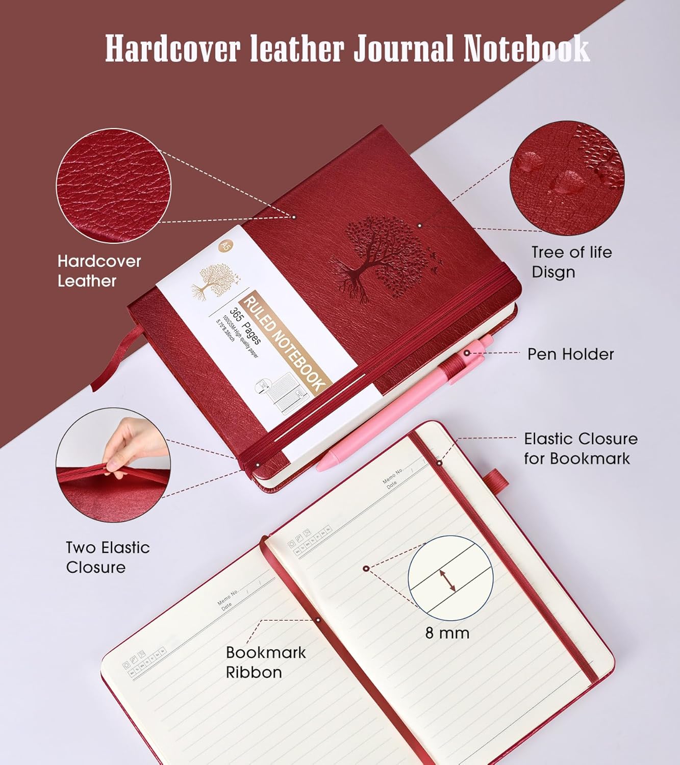 Lined Journal Notebook -365 Pages A5 Thick Journals for Writing Ruled Notebook, Hardcover Leather Journal for Women Men, Daily Notebook for Work, Note Taking, 100Gsm Lined Paper( 5.7'' X 8.3'' Wine)