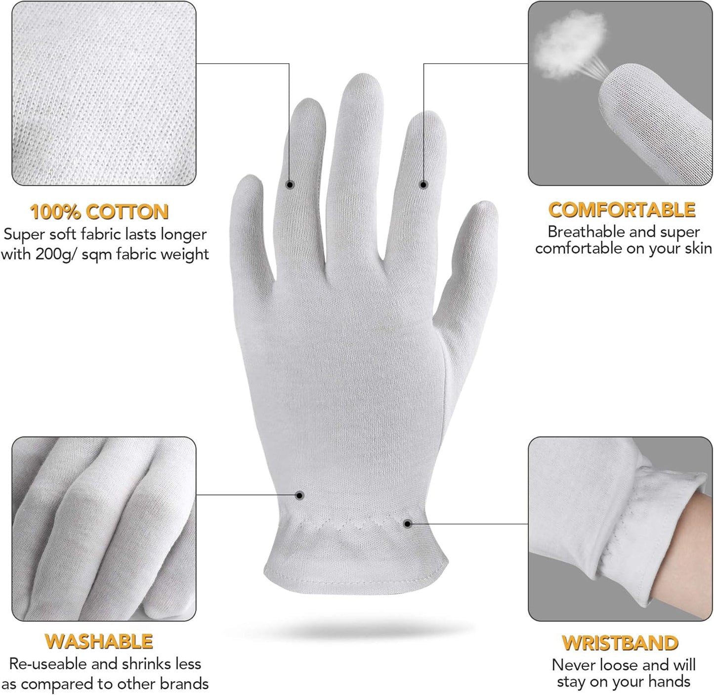 Touch Screen XL Extra Large 5 Pairs 100% Premium Cotton Gloves for Dry Hands | Moisturizing Overnight Gloves for Eczema, Psoriasis & Skin Spa Treatment for Women & Men | Free Laundry Bag