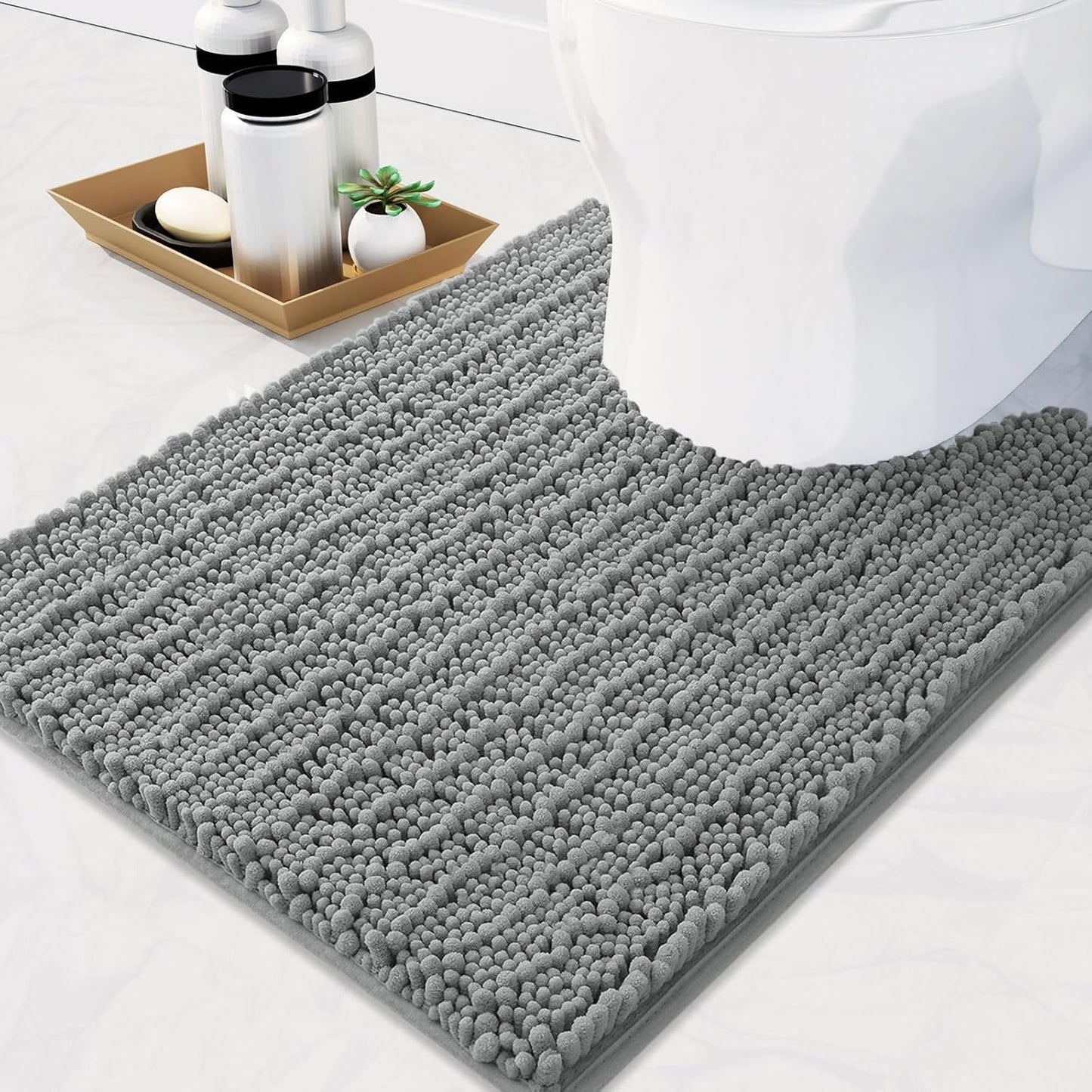 Arotive Luxury Chenille Toilet Rugs U-Shaped, Extra Soft Thick Absorbent Bathroom Mat, Non-Slip Shaggy Plush Contour Rugs, Machine Wash Dry Bath Mat for Toilet Base, 24x24, Grey