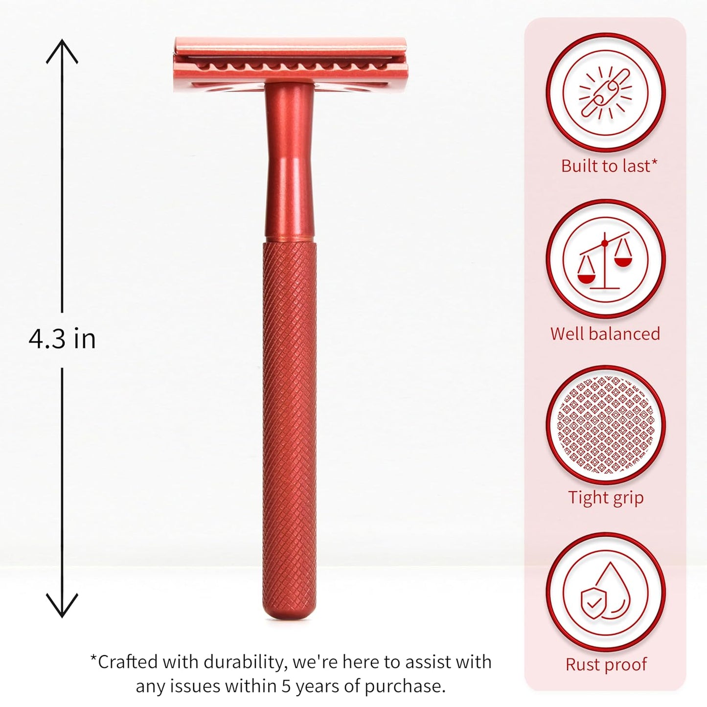 Bambaw Single Blade Double Edged Safety Razor with 5 Blades, Durable Metal Razor for Men & Women, Reusable & Plastic Free Double Edge Safety Razors for Men – Red