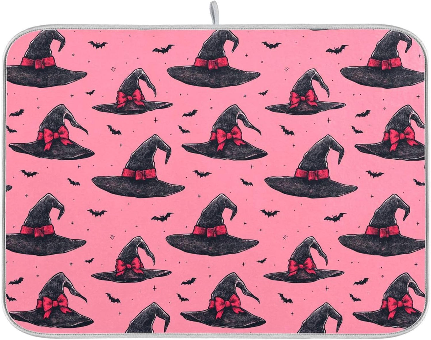 Witch Bow Hot Pink Dish Drying Mat for Kitchen Countertop 18x24 Halloween Bowknot Bat Large Drying Mat Reusable Quick Dry Dish Sink Mats Easy Clean Decorative Essentials