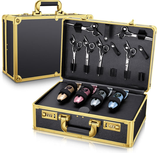 Noverlife Gold Password Lock Barber Carrying Case, 16x11x6in Large Salon Hair Cutting Tools Storage Box, Portable Hairdresser Travel Suitcase Grooming Scissor Organizer for Hairstylist Pet Groomer