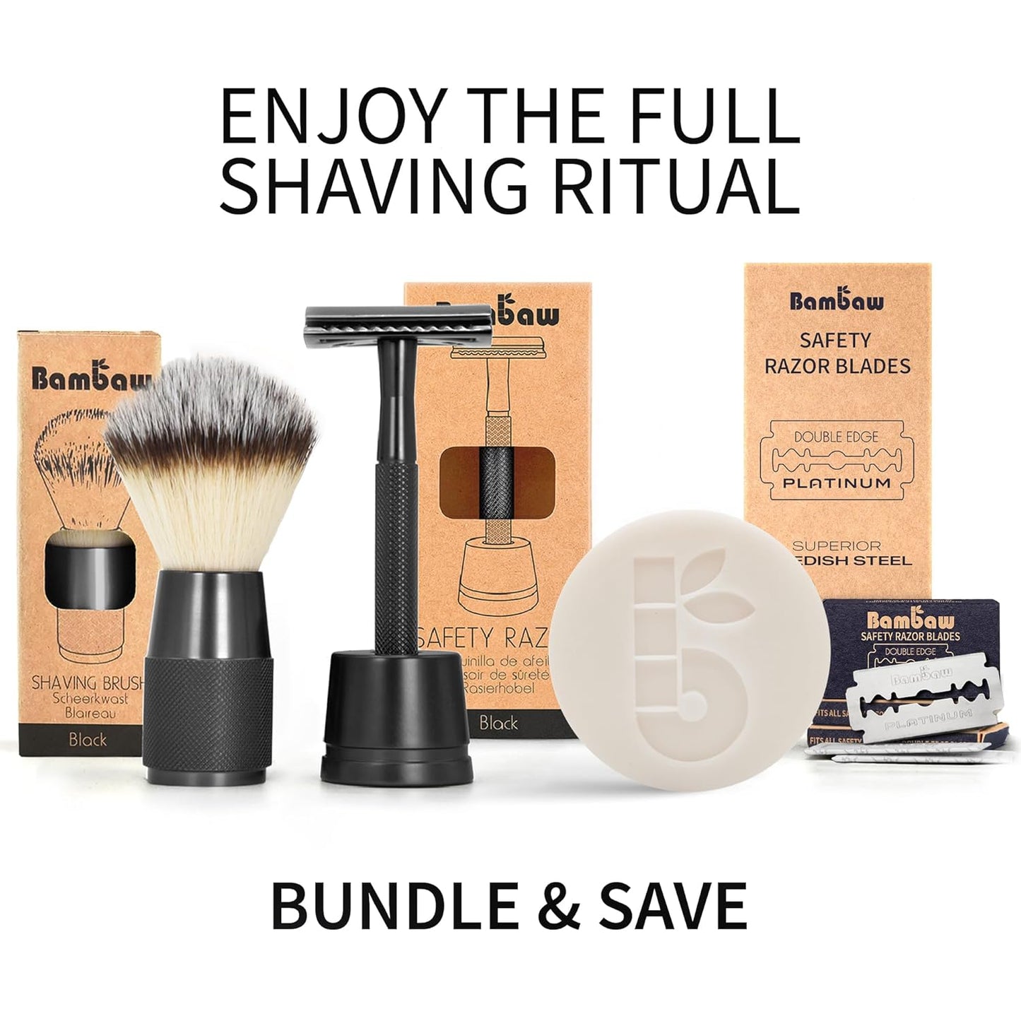 Bambaw Double Edge Safety Razor with 5 Safety Razor Blades, Single Blade Razor for Men with Razor Stand, Double Edge Razor, Safety Razors for Men - Black