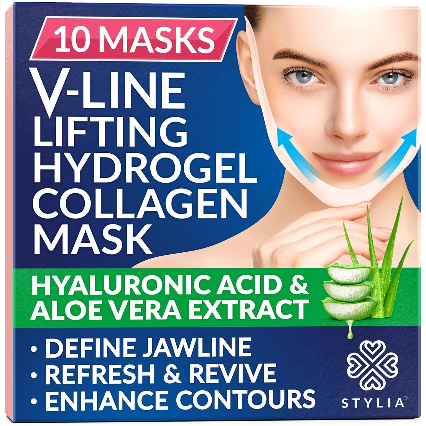 Stylia V Line Lifting Collagen Face Mask - Lift, Firm & Contour Jawline - Double Chin Strap with Hyaluronic Acid & Aloe Vera - Hydrating Neck & Face Tightening Mask - Chin Strap for Sleeping - 10PC