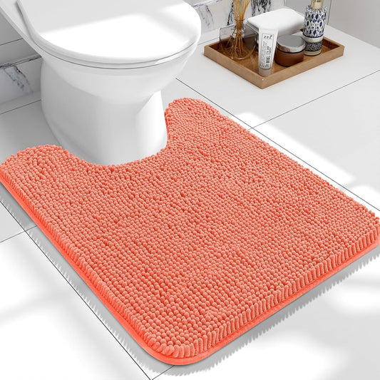 OLANLY Toilet Rugs U-Shaped 24x20, Extra Soft Absorbent Chenille Contour Bathroom Rugs for Toilet, Dry Quickly, Machine Washable, Non-Slip Bath Mat, Coral