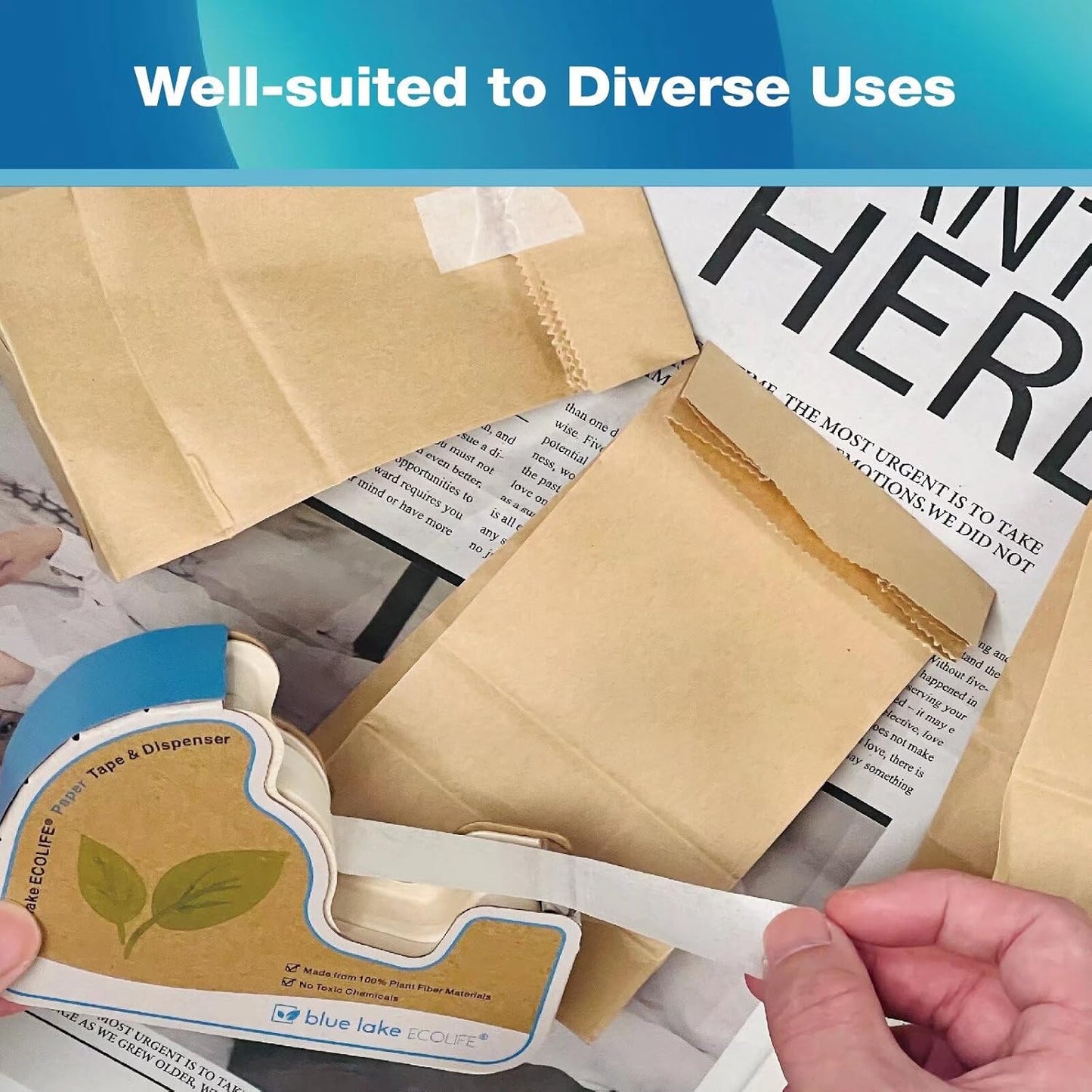 Blue Lake ECOLIFE Masking Tape Dispenser，Plastic-Free Masking Tape Dispenser with 4 Rolls 3/4 in x 550 in Paper Tape, Label Tape Dispenser Desk for Masking, Labeling, Office Home School