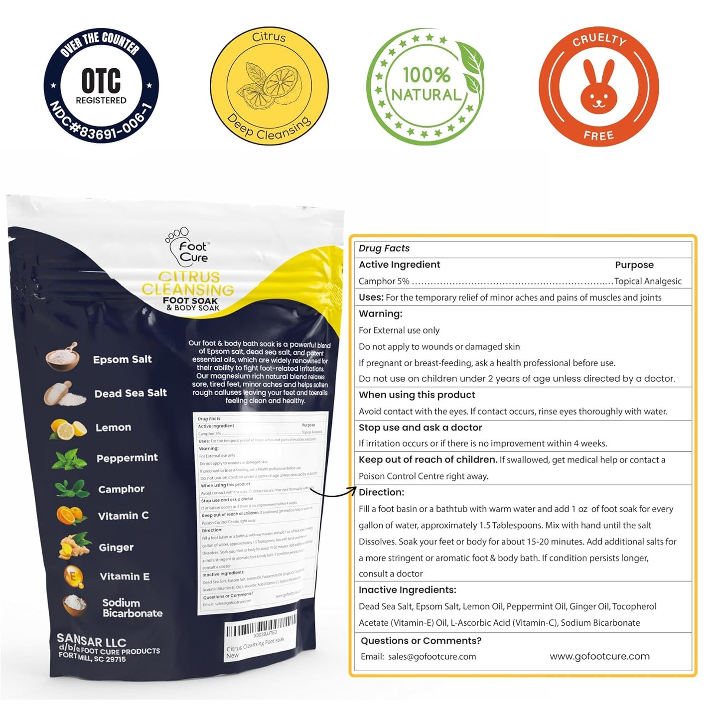 FOOT CURE Citrus Detox Foot Soak with Epsom Salts – for Foot Callus, Damaged Toenail Appearance, Pedicure Spa, and Soothing Sore, Tired Feet - 16 oz (Pack of 1)