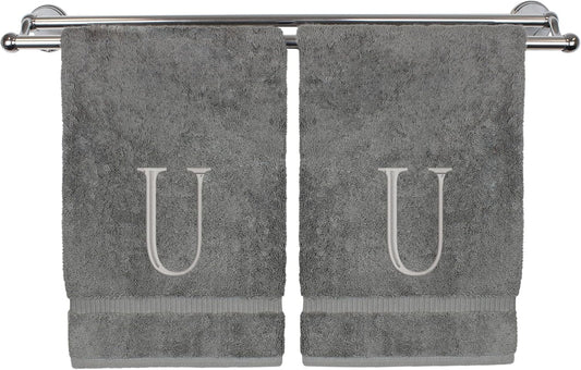 Monogrammed Hand Towel, Personalized Initial Gift, Extra Absorbent 100% Turkish Cotton - Soft Terry Finish - Set of 2 - Silver Block Initial U - Embroidered on Grey Towels