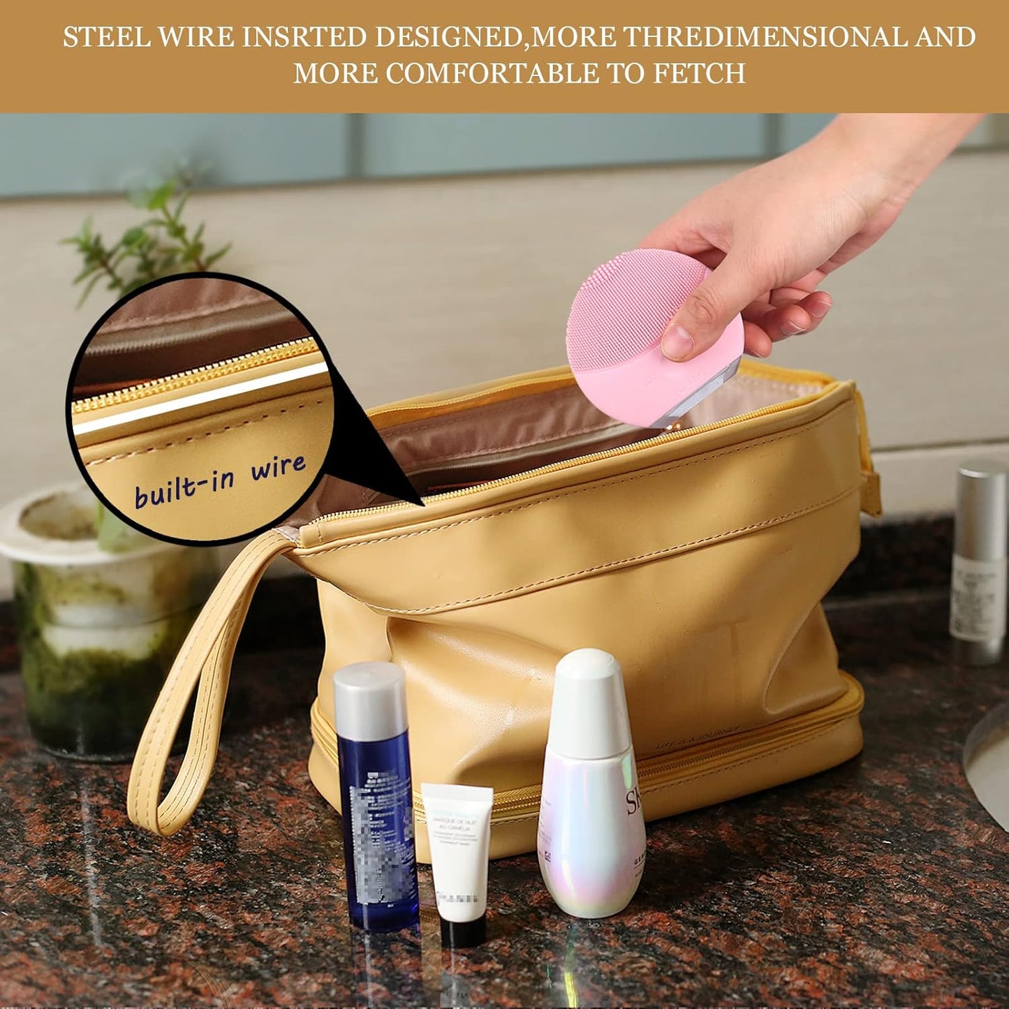 Abiudeng Large Capacity Makeup Bag Ladies Cosmetic Bag Travel Bag with Compartments Portable PU Leather Travel Makeup Bag with Handle