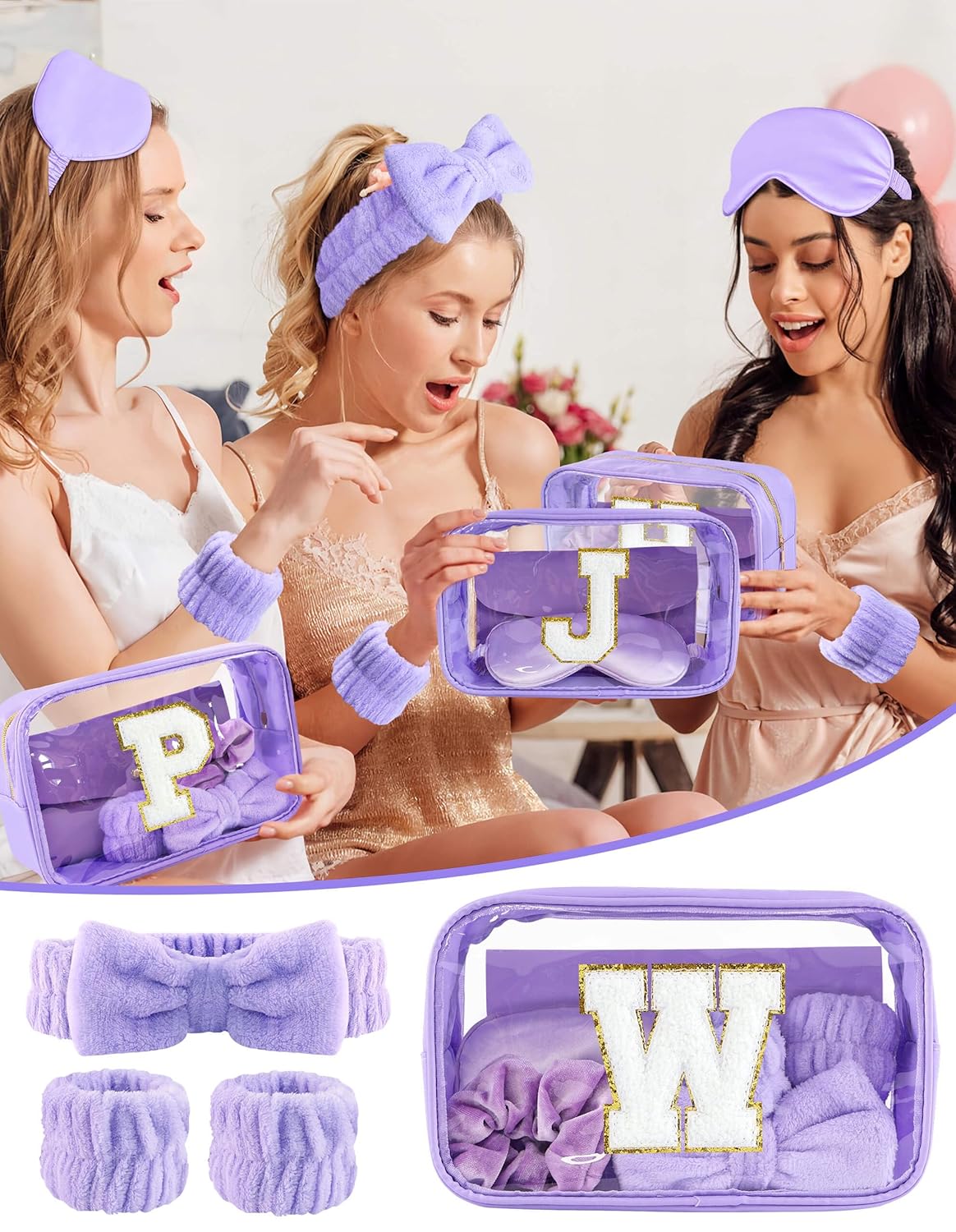 Gift Sets for Women, Initial Makeup Bag with Makeup Brush Set Bachelorette Party Favors, Purple Spa Kit with Skincare Headbands Wrist Bands Sleepover Party Supplies Gifts for Teen Girls Bridesmaid W