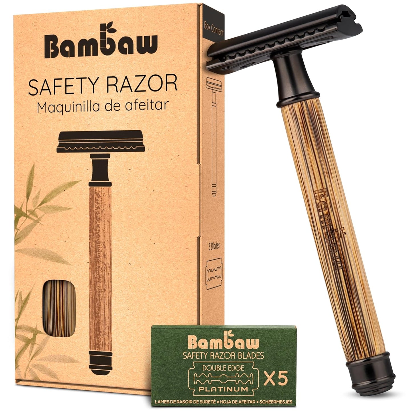 Bambaw Single Blade Razors for Men & Women, Bamboo Razor with 5 Blades, Double Edge Safety Razor, Eco-Friendly, Reusable & Plastic Free – Slim Bamboo Black
