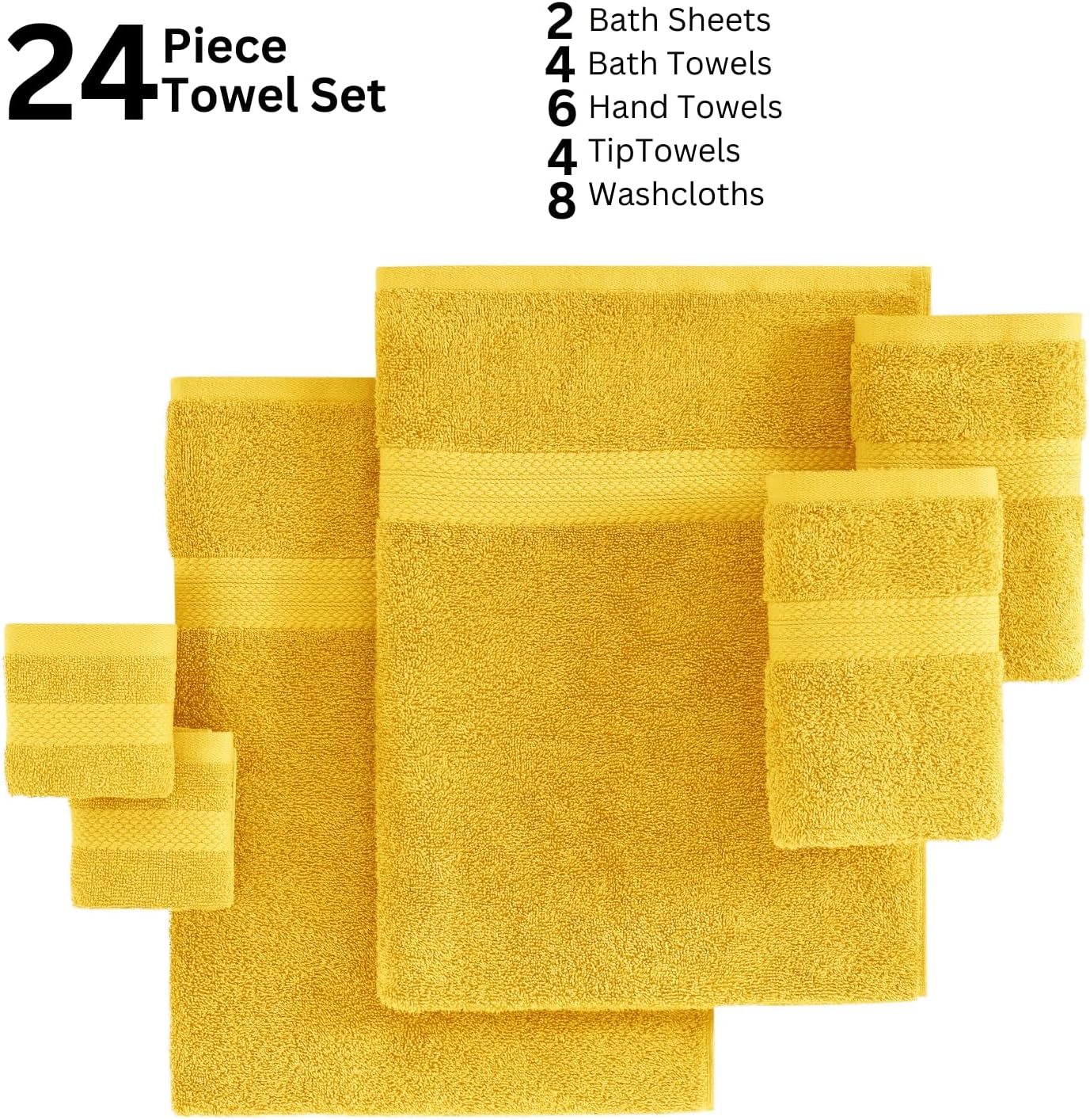 LANE LINEN 100% Cotton Bathroom Towel Set - 24 Pcs - Ring Spun, Very Soft & Absorbent - 2 Bath Sheets, 4 Fingertip, 4 Bath, 6 Hand Towels, 8 Washcloths - Remains Fluffy After Multiple Washes - Mimosa