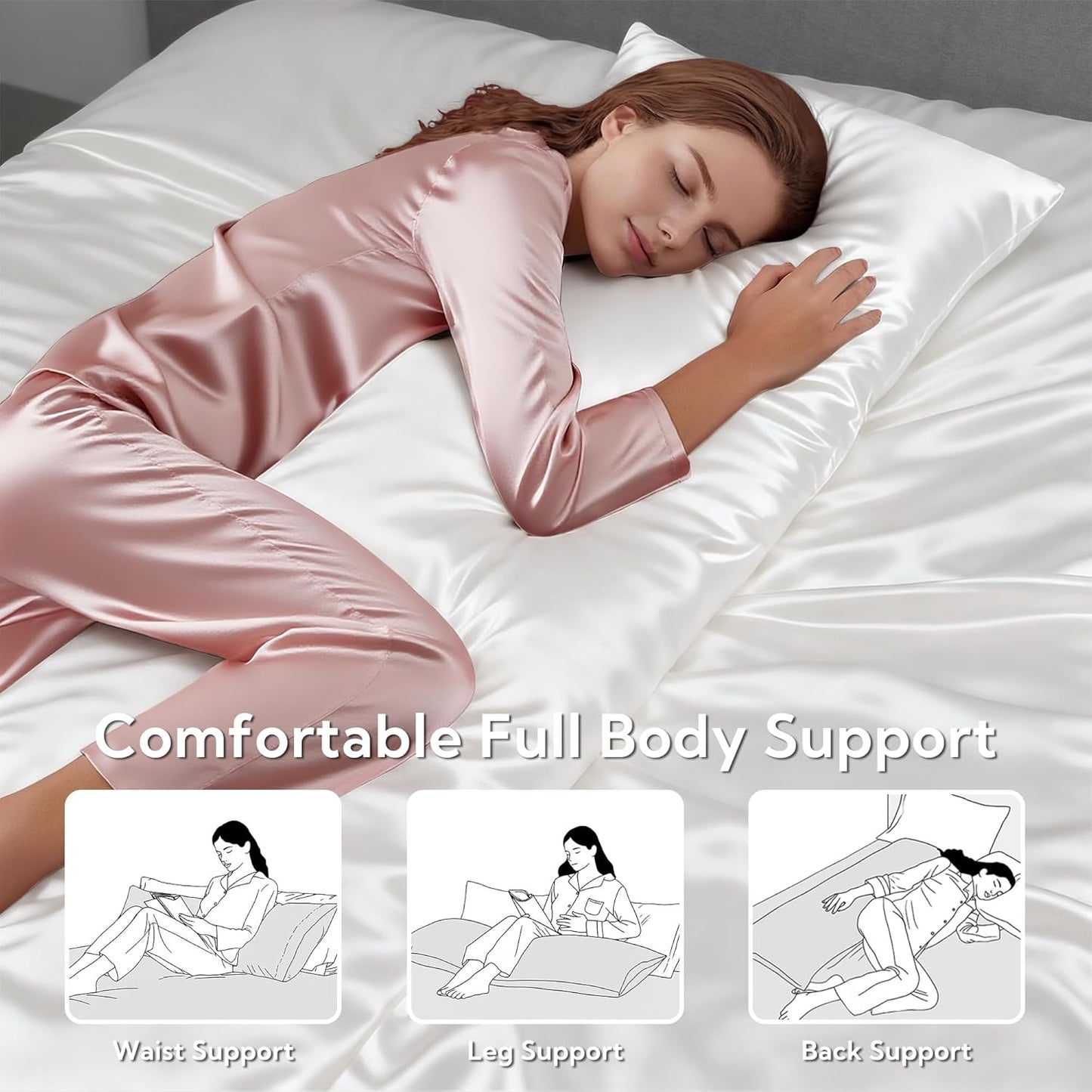 MR&HM Satin Body Pillow Cover, Soft and Breathable Body Pillow Case with Envelope Closure, Cooling and Silky Long Pillowcase for Hair and Skin,Grey (20x54, Ivory)