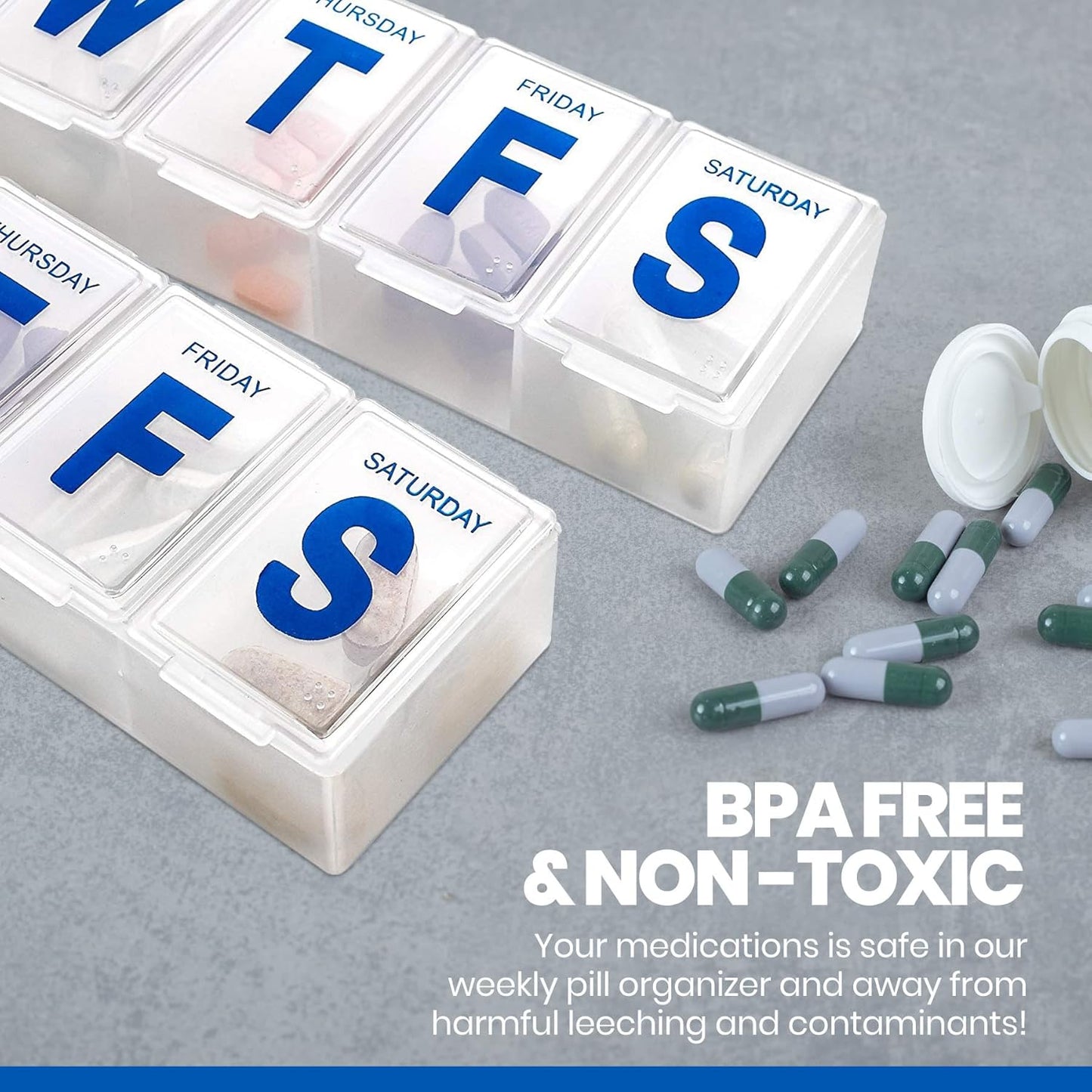 Weekly Pill Organizer - (Pack of 2) Extra Large Vitamin Container with Jumbo Easy to Read Letters, BPA Free - Daily Travel 7 Day Medication Pill Box Case