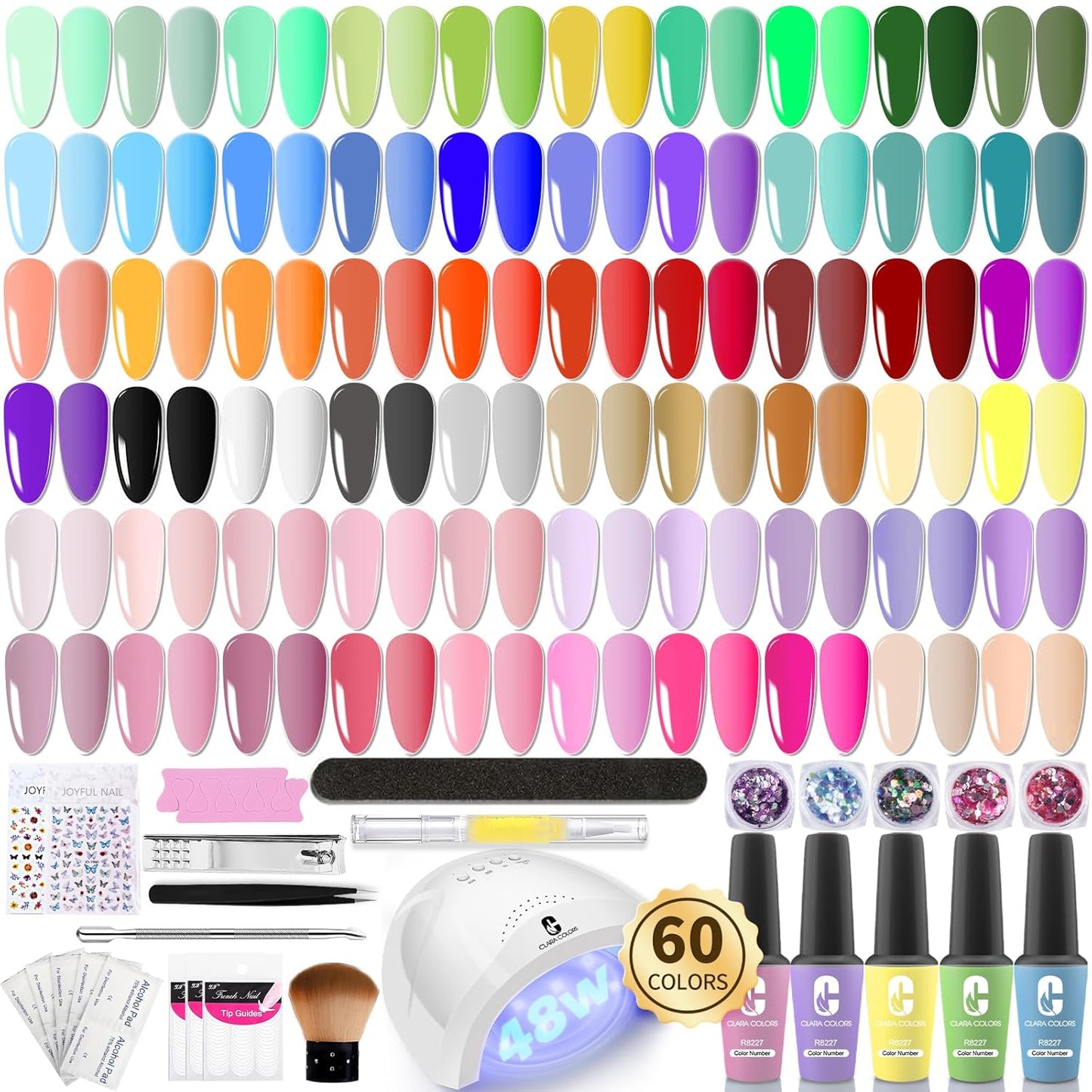 Clara Colors 64 Pcs Gel Nail Polish Kit with UV Light - 60 Colors All Seasons Soak Off Gel Polish Nail Set with Matte/Glossy Base Top Coat Manicure Tools All-In-One Gel Starter Kit Nails Art DIY