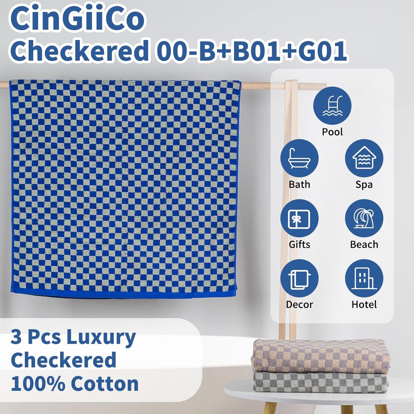 Checkered Bath Towel Set of 3, 100% Cotton Bath Towels Large, 520GSM, 55.12"*27.56", Luxury Shower Towels for Bathroom, Soft Absorbent Quick-Dry（Midnight Blue+Brown+Grey）