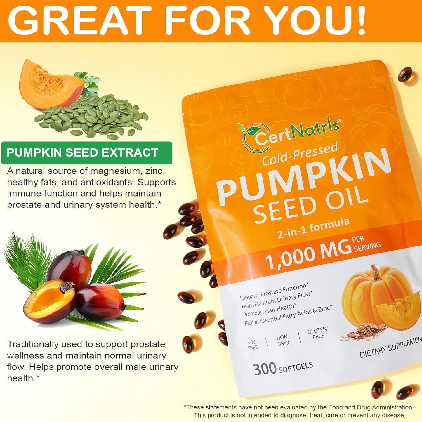 Pumpkin Seed Oil with Saw Palmetto (1000mg per Serving), Cold-Pressed Pumpkin Seed Oil for Hair Growth, Prostate Health, Urinary Tract Support, 300 Softgels Supplement of Essential Fatty Acids