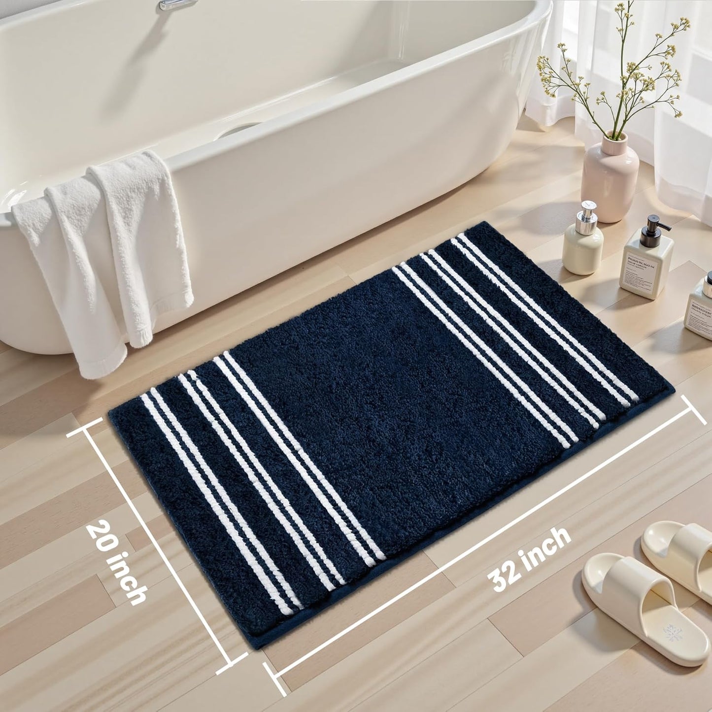 Bathroom Rugs 20x32 Extra Soft Absorbent Bath Mat Chenille Non Slip Shower Mat Rubber Backing Machine Washable Bath Mats for Bathroom Shaggy Blue Bath Rugs for Tub, Hallway