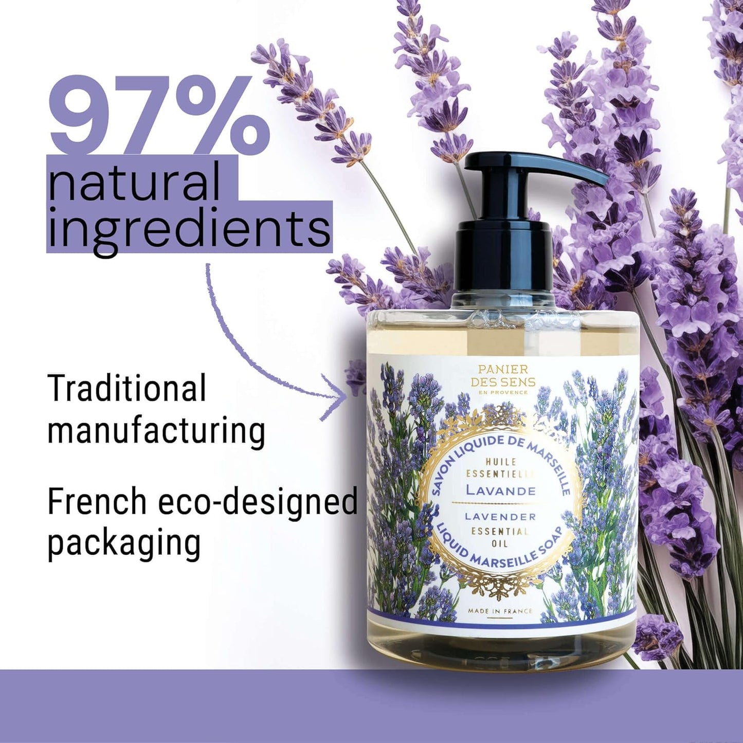 Panier des Sens - Moisturizing Hand Soap - Lavender Aromatic Fragrance - French Savon de Marseille Soap with Coconut Oil - Refillable Kitchen & Bathroom Soap - 16.9 Fl.oz Hand Wash 97% Natural