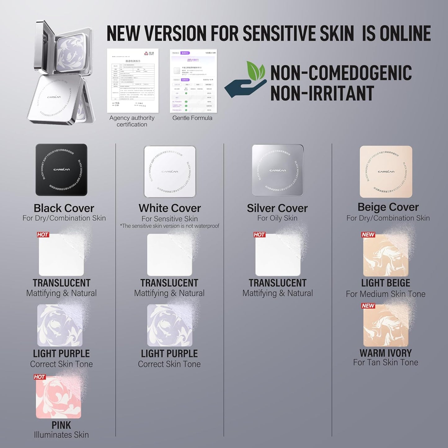 CARSLAN 2.0 Black Magnet Soft Focus Powder, Waterproof Translucent Pressed Setting Powder, 24H Longlasting Talc-Free Face Powder, Oil Control Compact Makeup,03 Translucent For Sensitive Skin, 0.28Oz