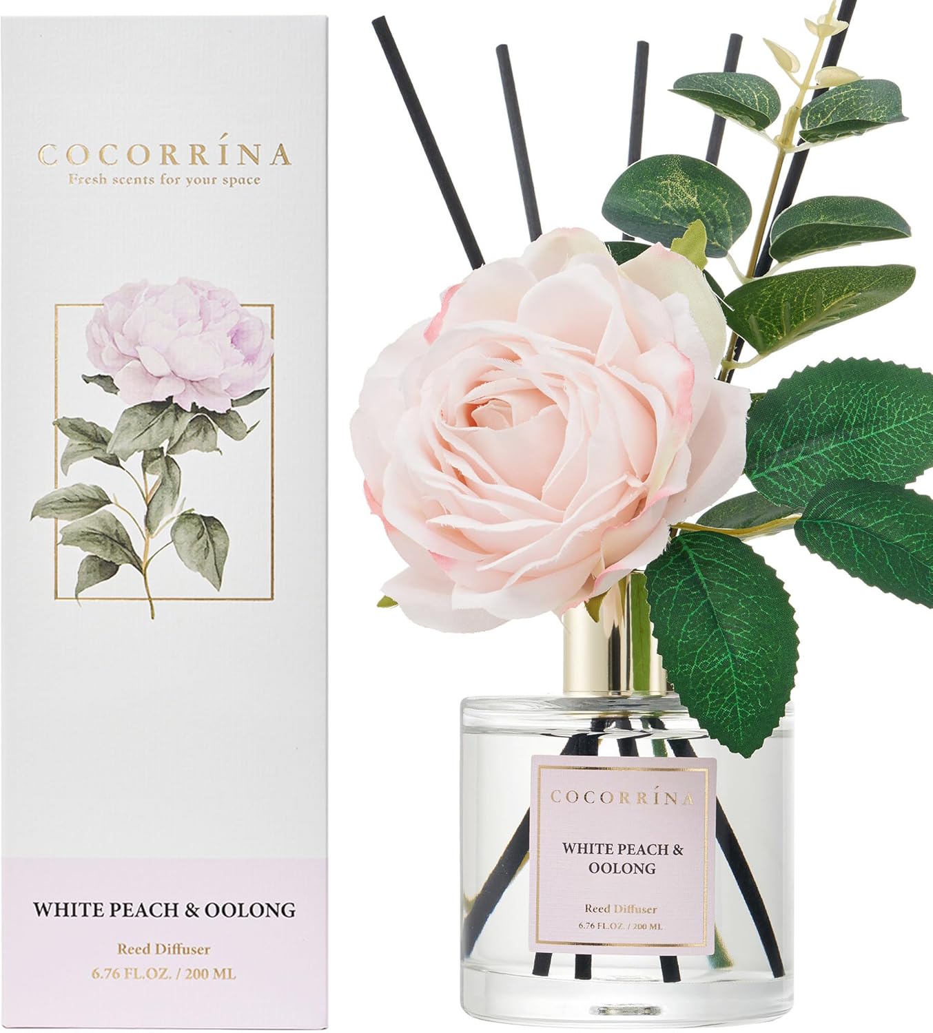 Cocorrína Flower Reed Diffuser - White Peach& Oolong 6.7oz Scented Diffuser with Sticks Home Fragrance Essential Oil for Bathroom Shelf Decor (Artificial Flower)