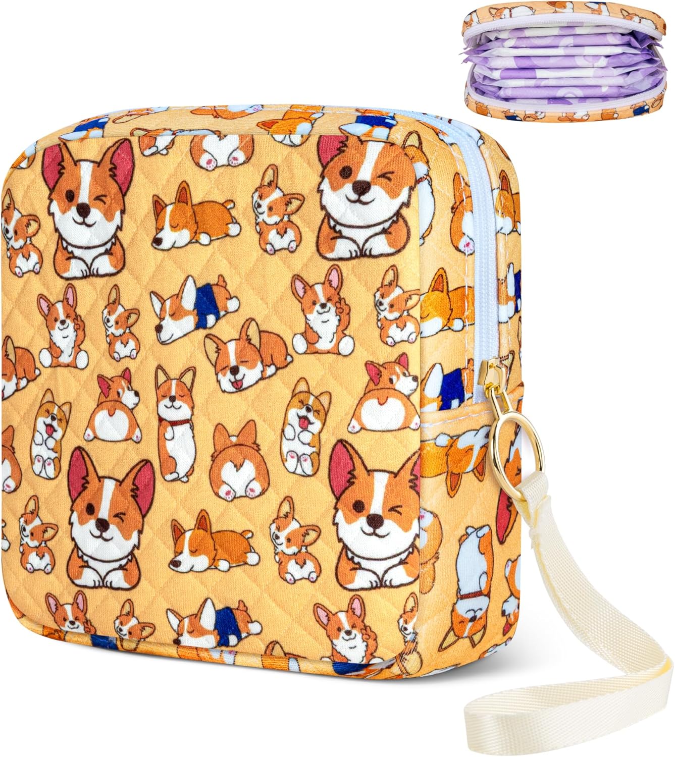 Tampon Holder for Purse, Quilted Period Bag Sanitary Napkin Storage Bag for Girls Womens, Portable Feminine Emergency Pad Period Pouch(Orange Dog)