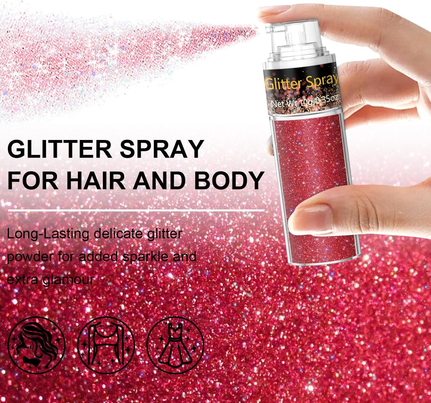 Hair and Body Glitter Spray, 1PC Glitter Hairspray Dry Powder Makeup for Clothes, Festival Rave Prom Loose Sparkle Powder,Holographic Ultra Fine Resin Glitters for Crafts (Red)