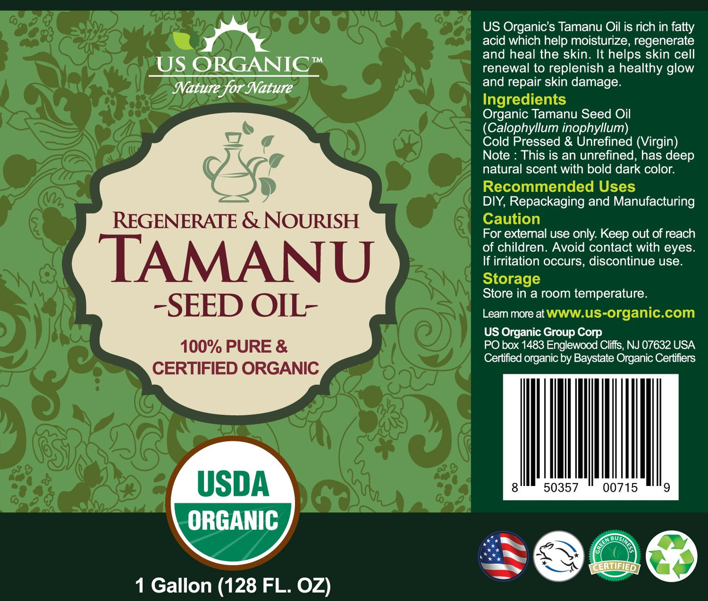 US Organic Tamanu Oil Bulk pack, USDA Organic, 100% Pure Virgin Cold Pressed Unrefined, Dark Green Color_Sourced from Southeast Asia, Size for DIY and small manufacturers (128 oz (1 Gallon))