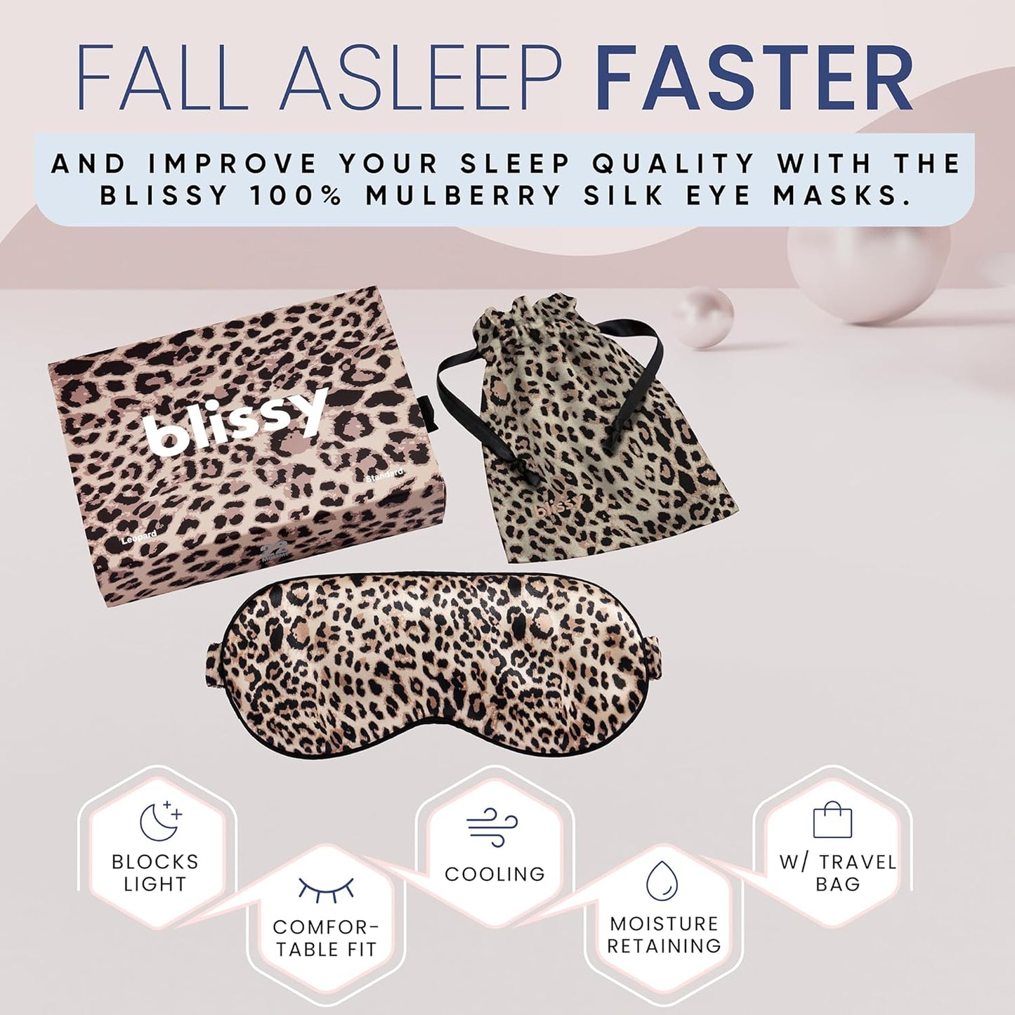 Blissy Silk Sleep Mask - Silk Eye Sleeping Mask for Women & Men for Total Blackout - 100% Pure Mulberry Silk, 22 Momme 6a Fibers - Blindfold Silk Sleep Mask Side Sleeper Eye Cover (Leopard)