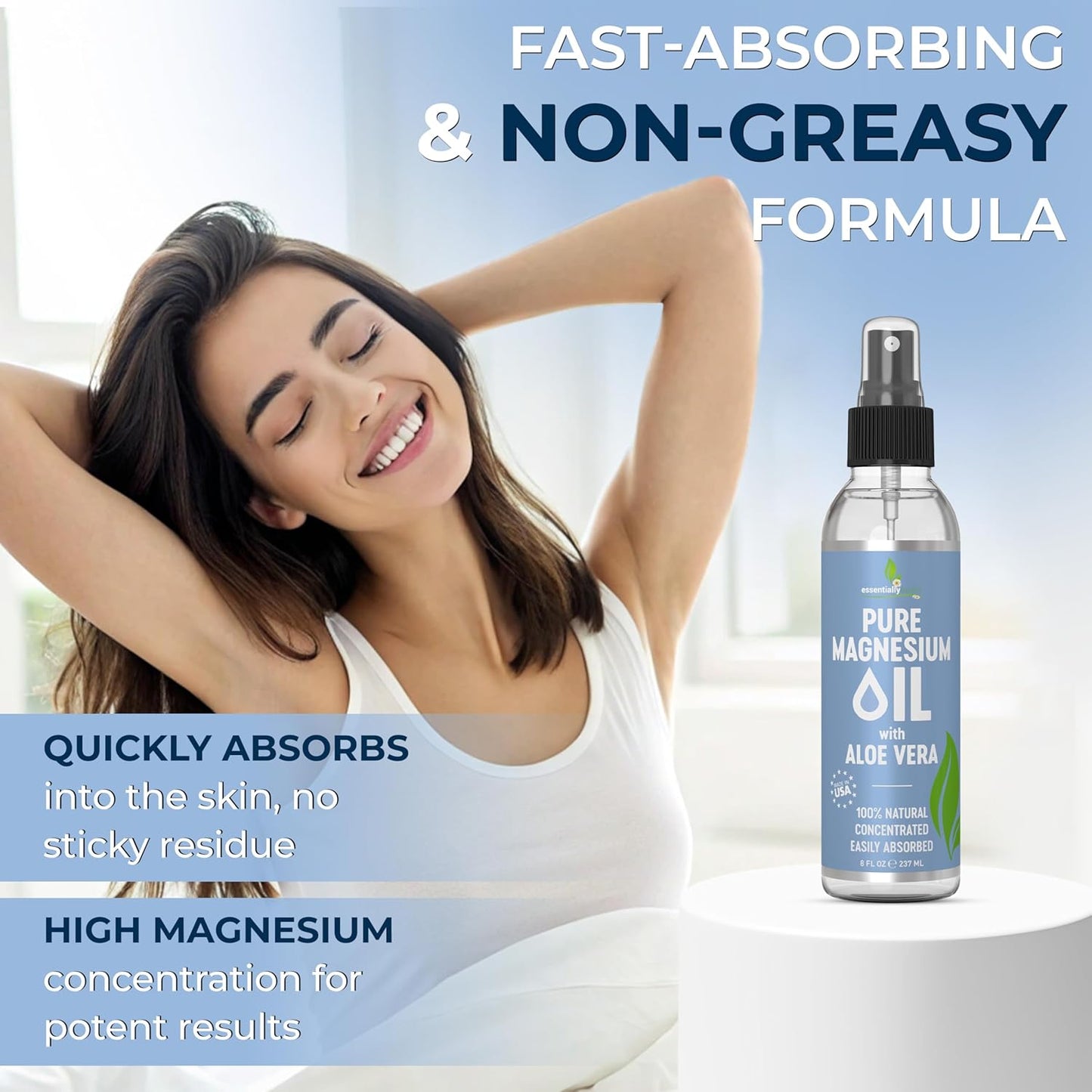 Pure Magnesium Oil Spray with Aloe Vera 8oz - Topical Magnesium Spray - Less Itchy - 100% Organic Oil - Made in USA
