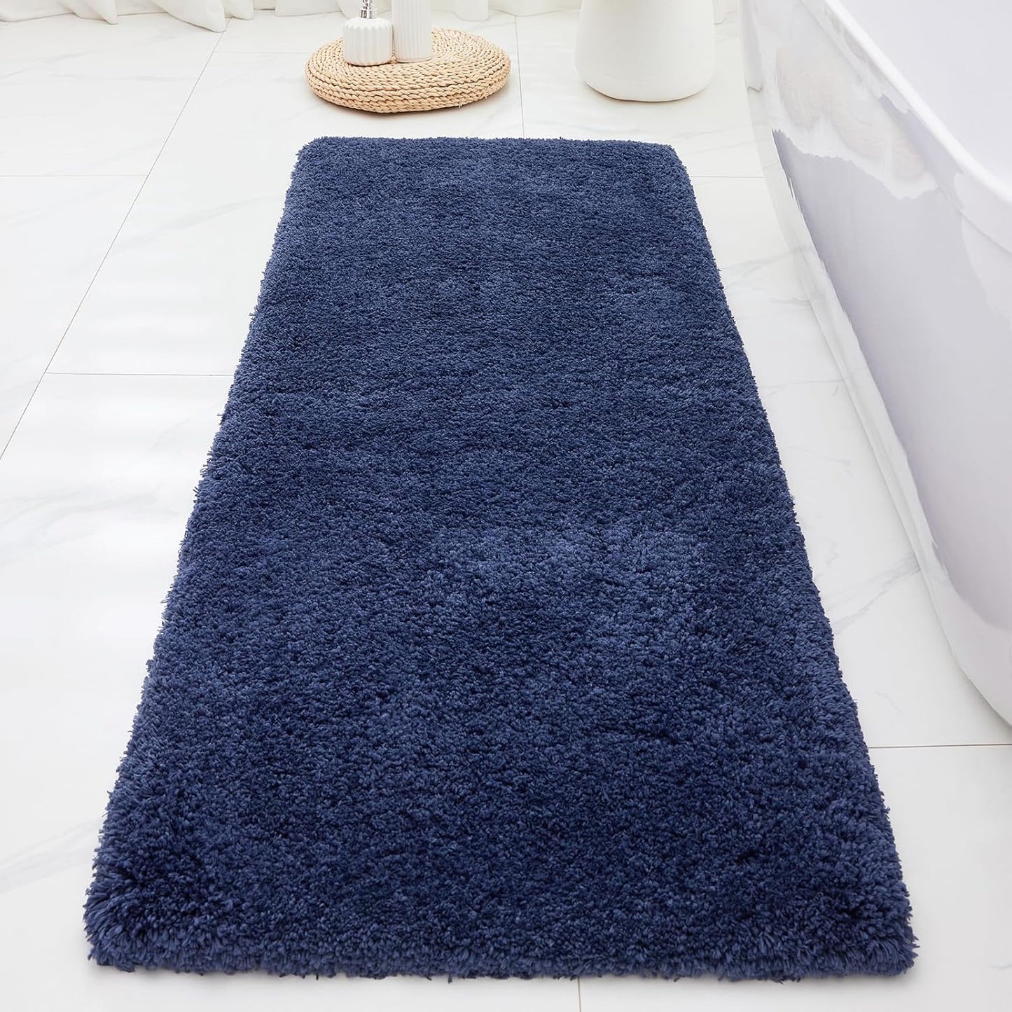 ILANGO Navy Blue Bathroom Rugs 48" × 24" Non Slip & Super Absorbent Extra Thick Soft, Washable Bath Mat for Floor, Microfiber Plush Shaggy Bath Rug with Rubber for Bathtub Shower Room Sink