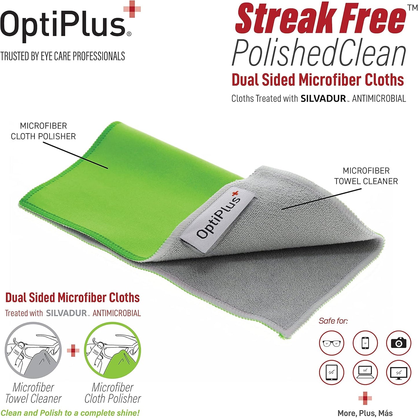 OptiPlus Anti-Fog Lens Cleaning Spray and Dual Microfiber Cloth | Streak-Free Cleaner and Defogging Spray for Glasses, Laptops Screens, Smart Phones, Optical Lens, Goggles, and Watch Screen l 2oz