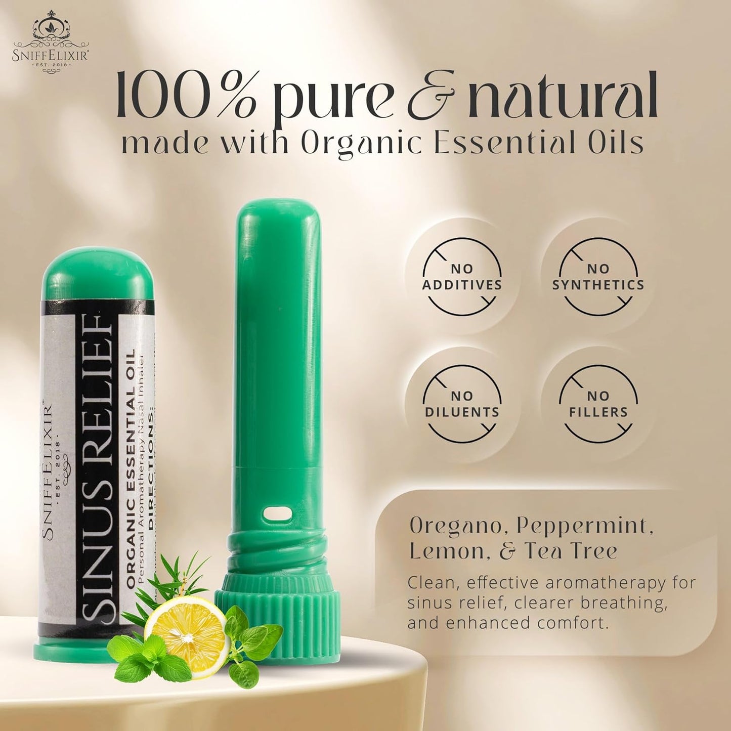 Nasal Inhaler for Sinus Relief, Made with Organic Essential Oils - Aromatherapy Stick with Peppermint & Tea Tree for Stuffy Nose & Congestion