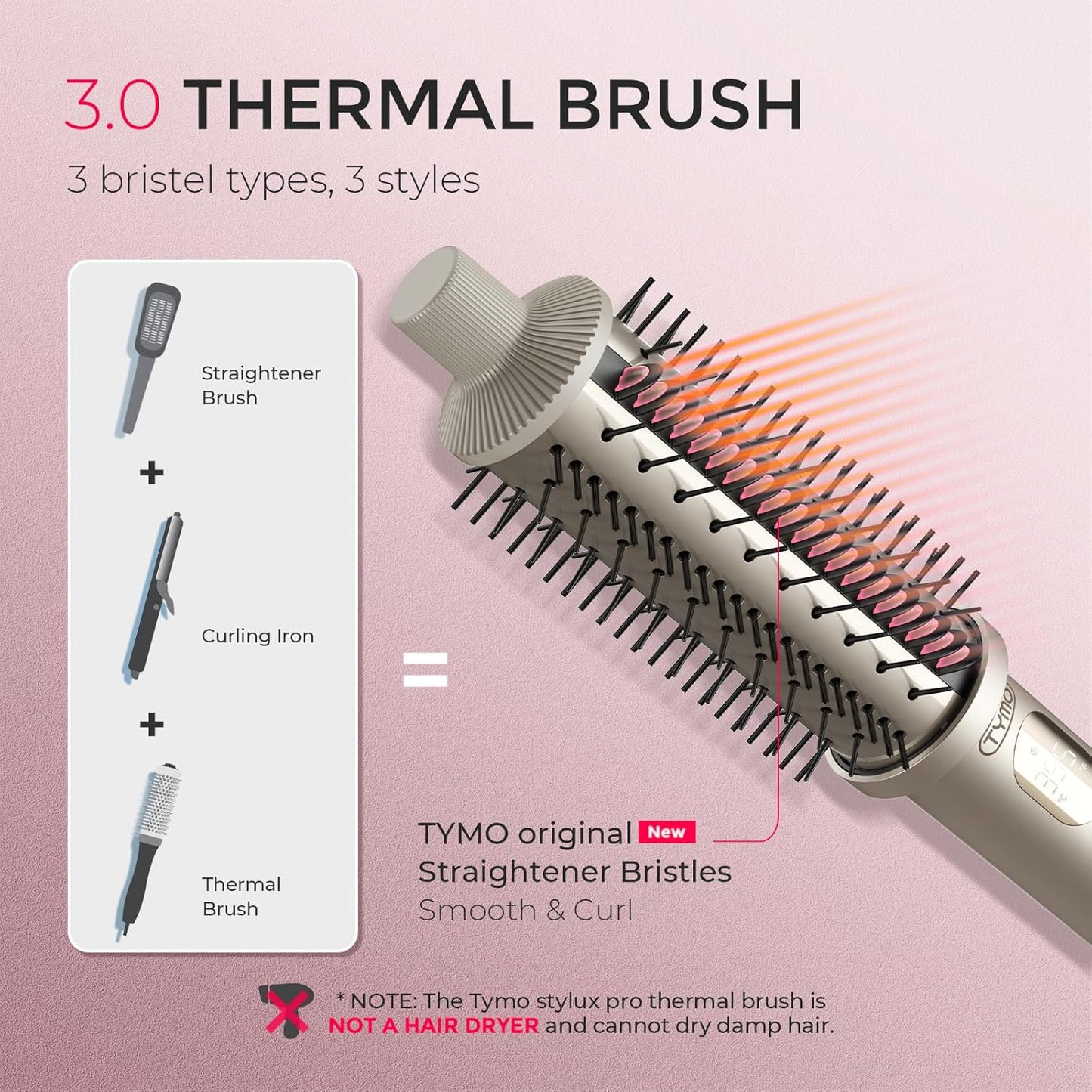 TYMO STYLUX PRO Thermal Brush Curling Brush, 1.5 Inch Blowout Heated Round Volumizer, Hair Straightener and Curler 2 in 1, 800M Negative Ion for Smoother, LCD Display, 5 Temp, Dual Voltage, Gold
